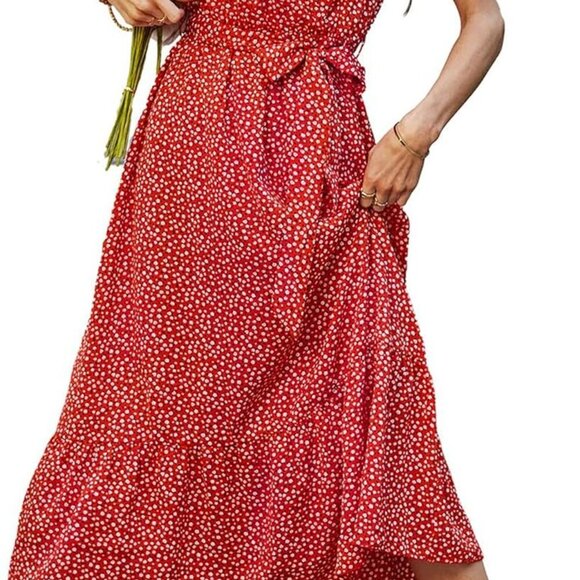 Women's Floral Boho Maxi Dress Lightweight Short Sleeve V Neck Flowy